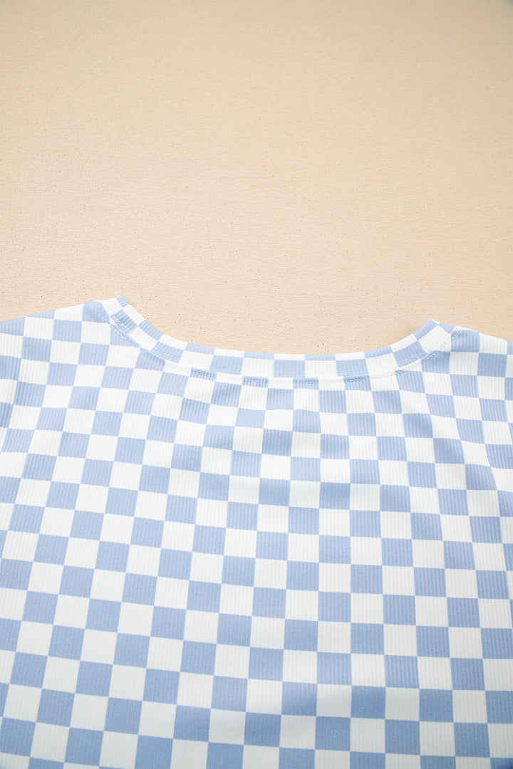 Sky Blue Checkered Ribbed Slim Fit Crew Neck T Shirt