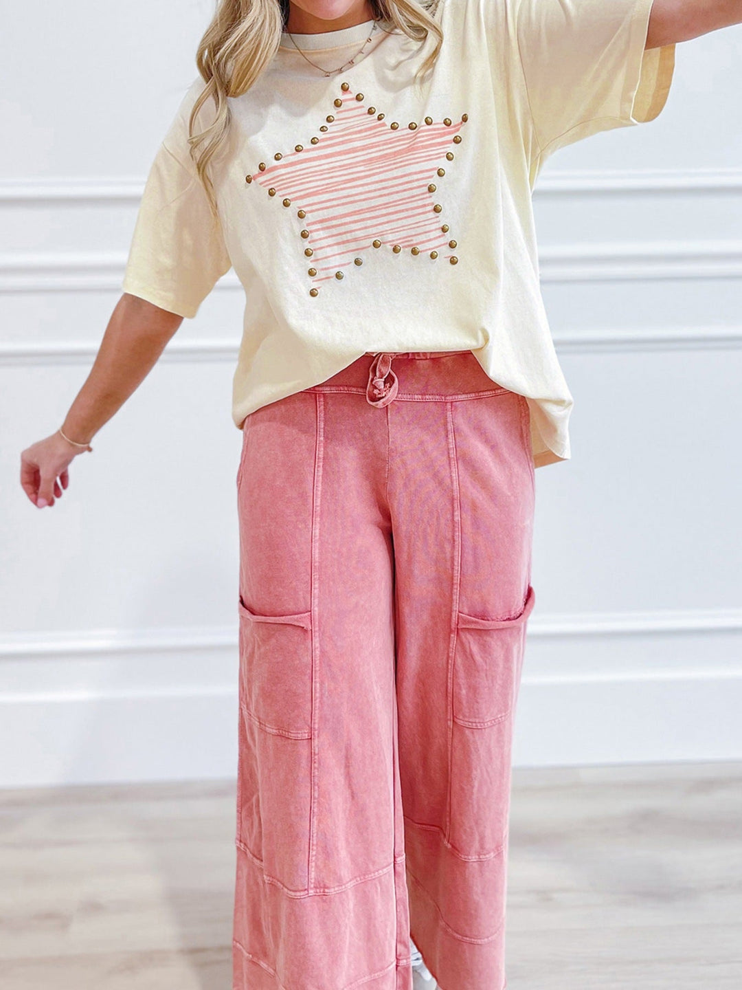 Star Print Stud Detail Cotton Jersey Top