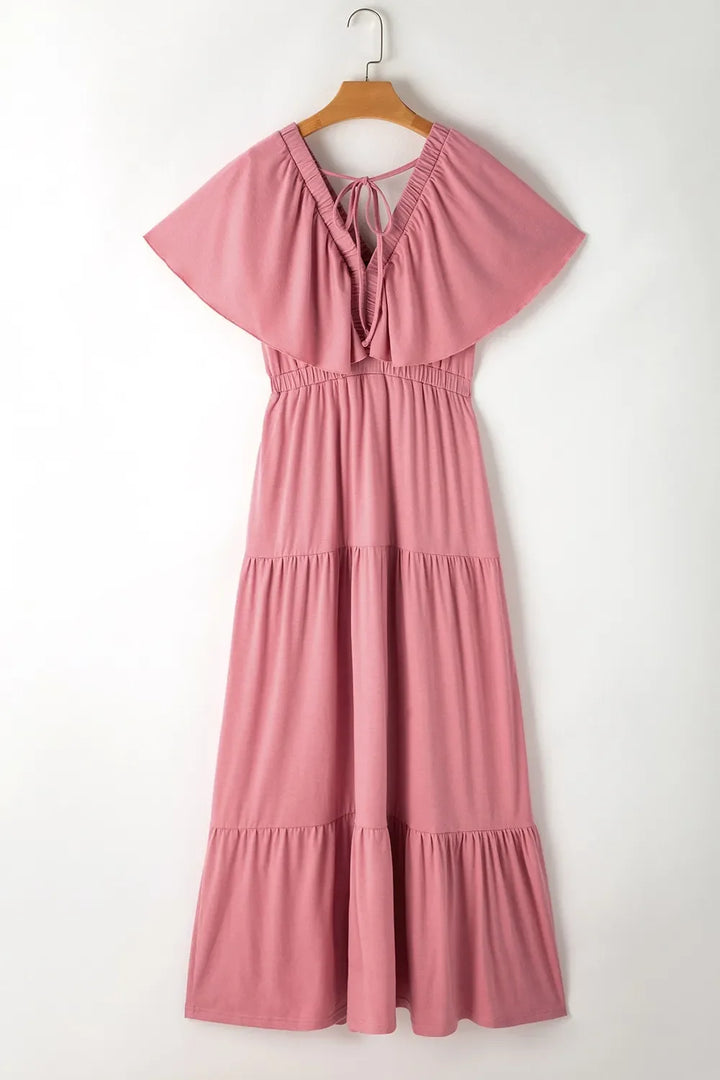 Ruffled V Neck Flutter Sleeve Maxi Dress