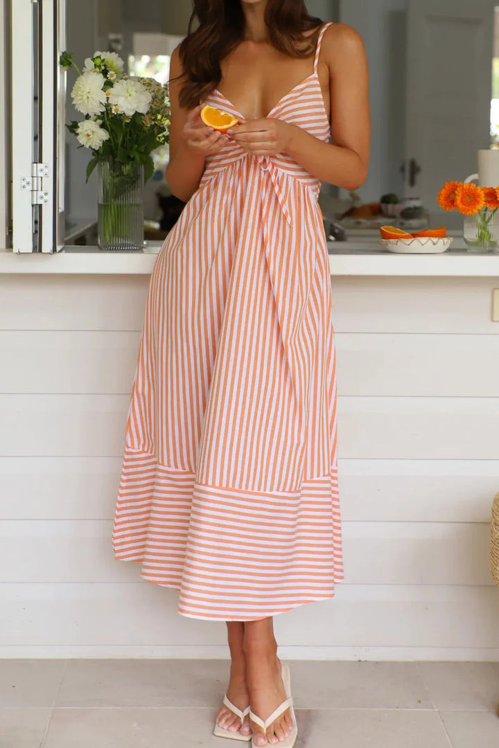 Smocked Back Striped Sleeveless Midi Dress