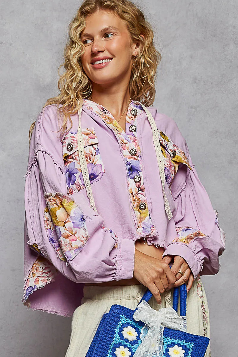 POL Raw Hem Floral Print Cropped Hooded Jacket