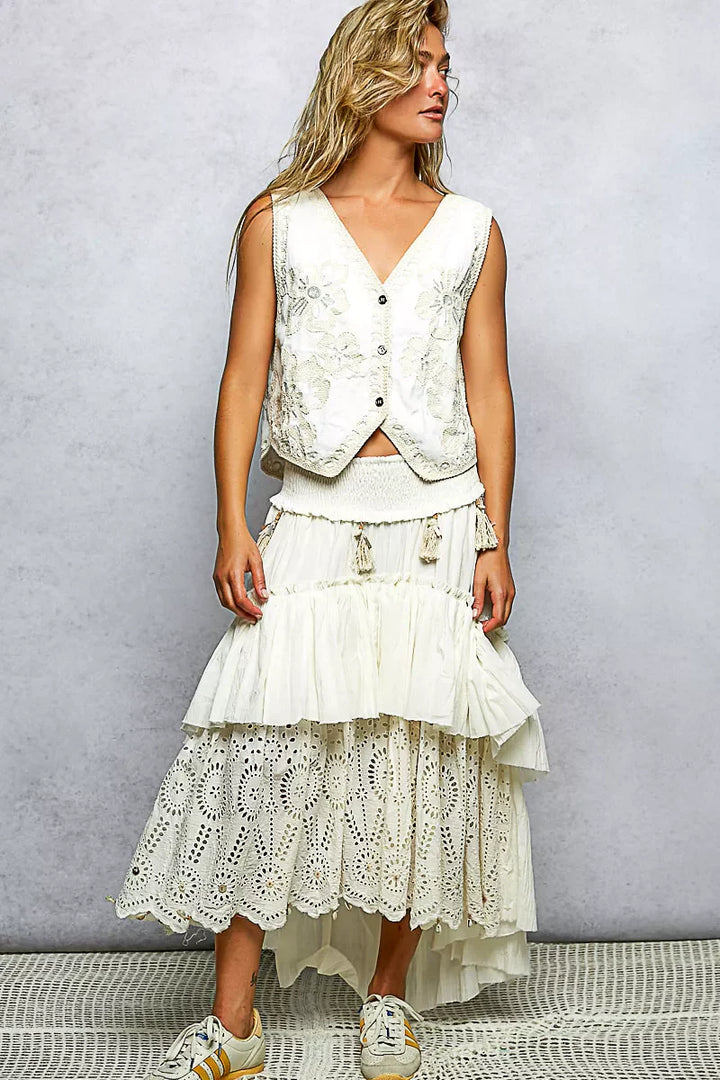 POL Embroidered Floral V-Neck Button Down Crochet Vest