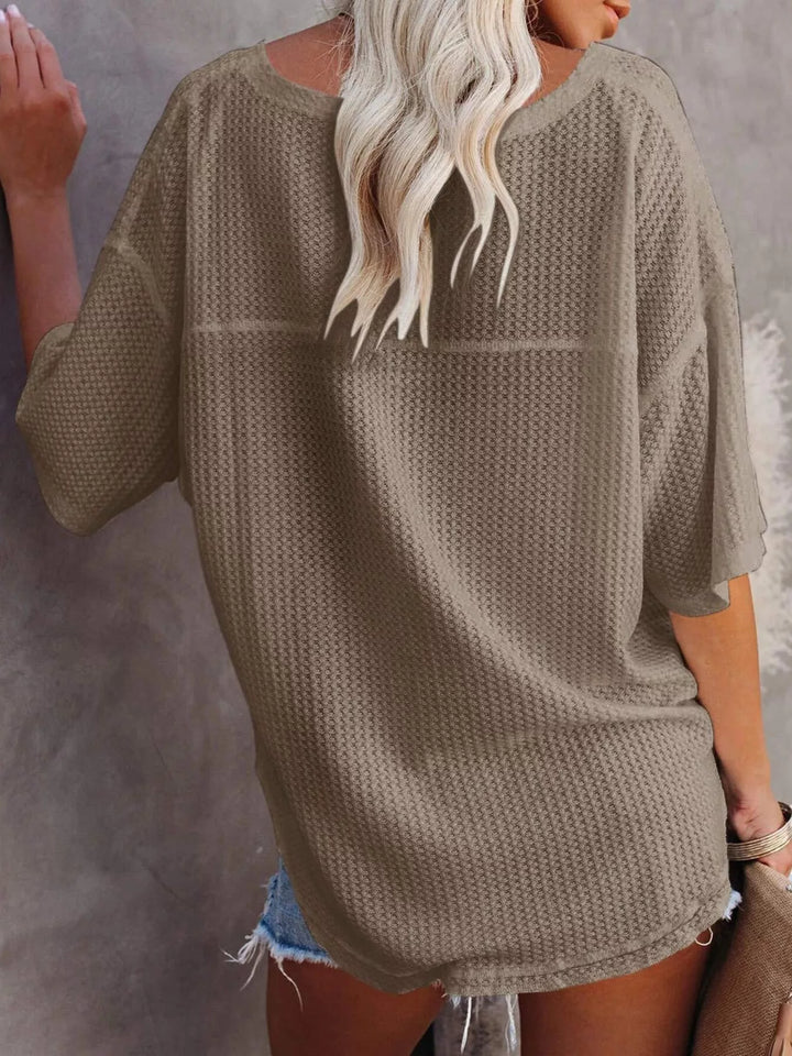 Waffle Knit V-Neck Short Sleeve T-Shirt