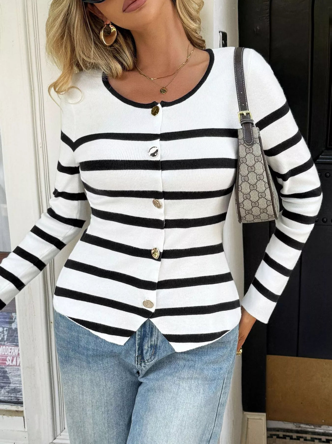 Striped Button-Up Knit Cardigan