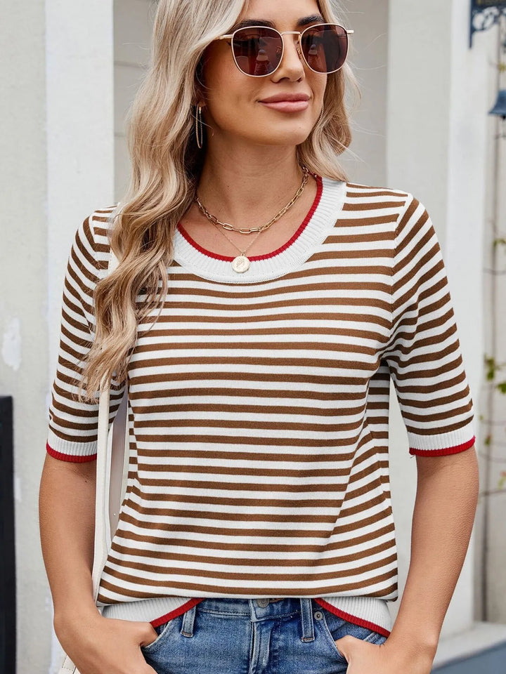 Striped Casual T-Shirt with Contrast Trim