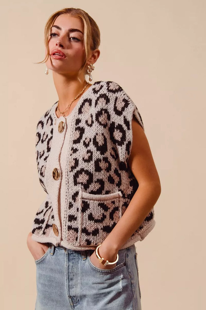 SO ME Big Metal Button Front Leopard Sweater Vest Top