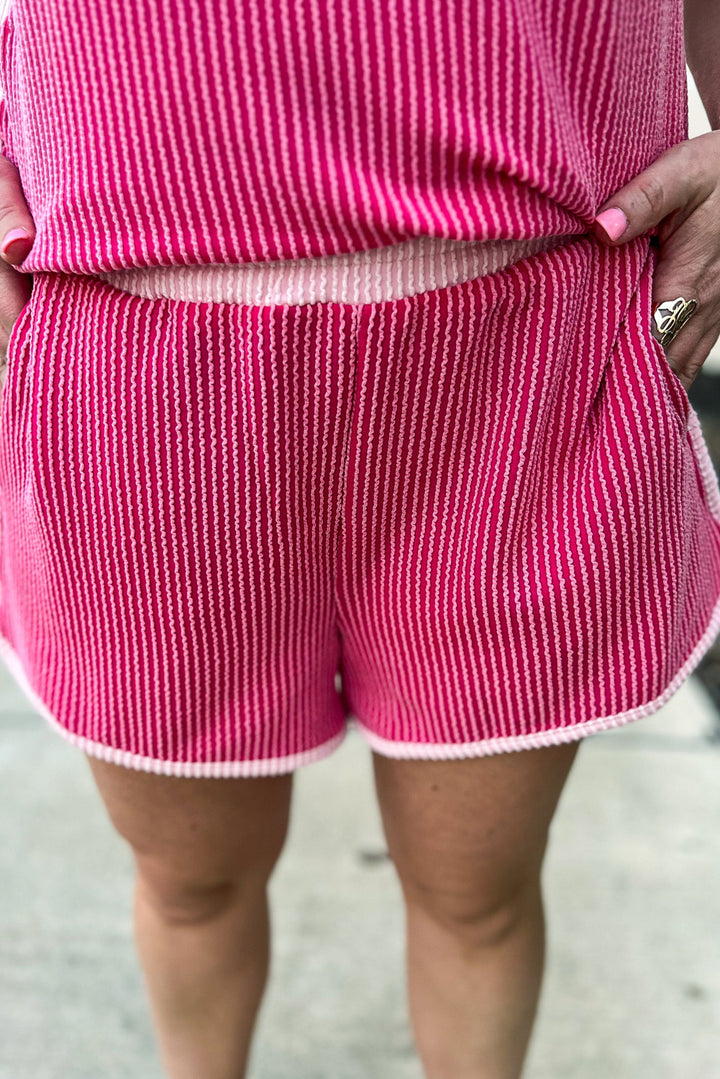 Rose Red 3D Spiral Ribbed Texture 2 Tones Patchwork Short Set
