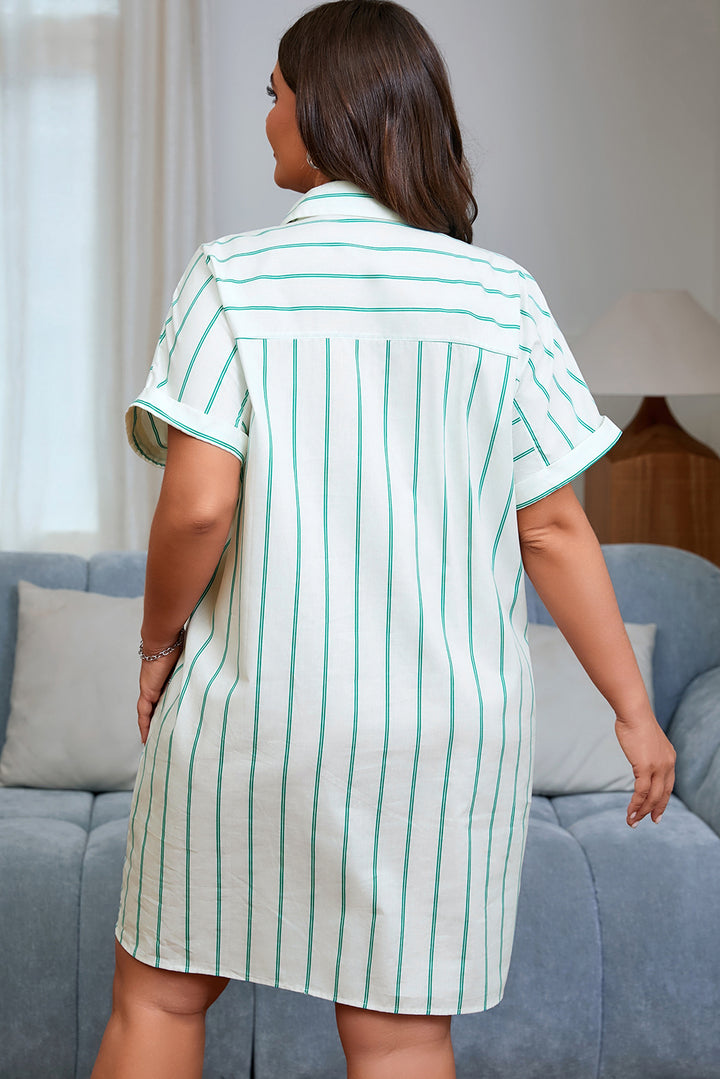 Green Stripe Plus Size St Patricks Day Short Sleeve Buttoned Shirt Dress