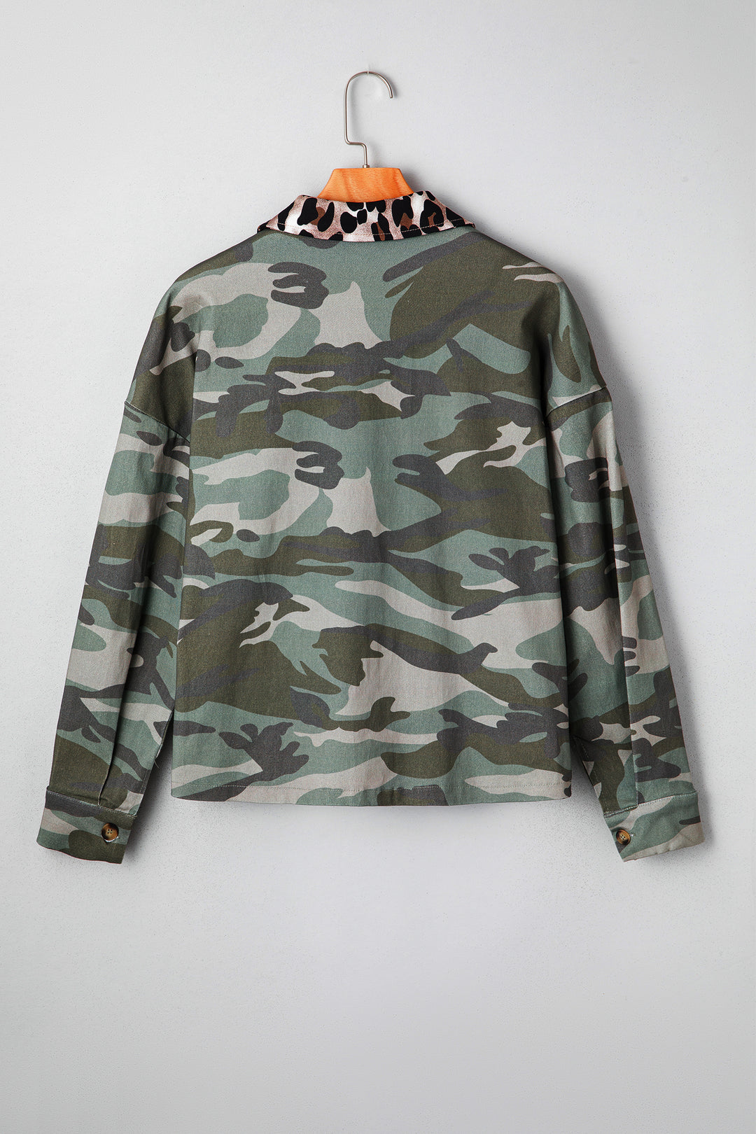 Green Camo Leopard Patchwork Flap Pocket Crop Jacket