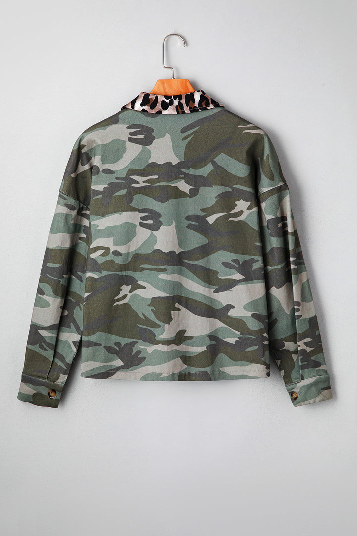 Green Camo Leopard Patchwork Flap Pocket Crop Jacket