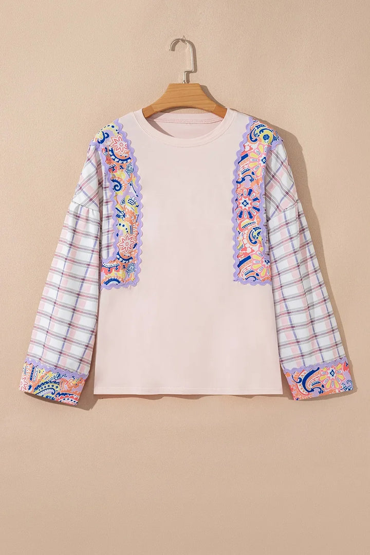 Paisley Print Plaid Long Sleeve Oversized Top