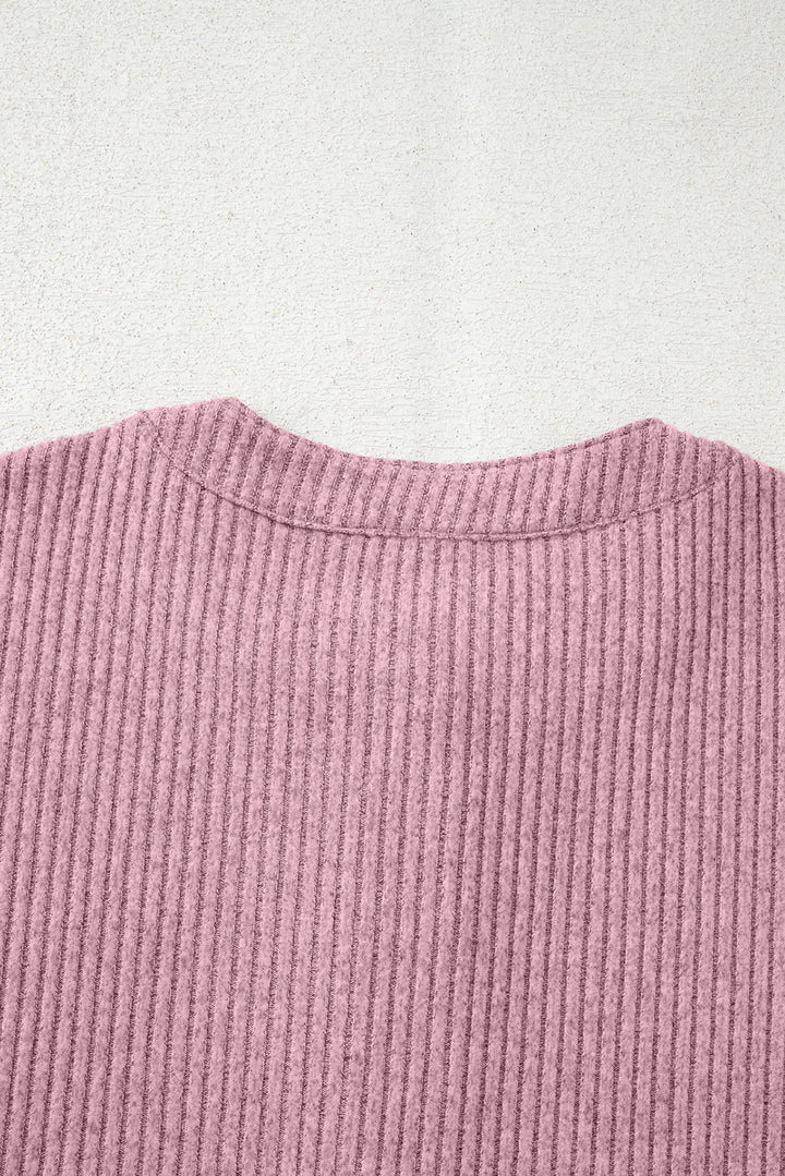 Pink Ribbed Texture Drop Shoulder Henley Knit Top