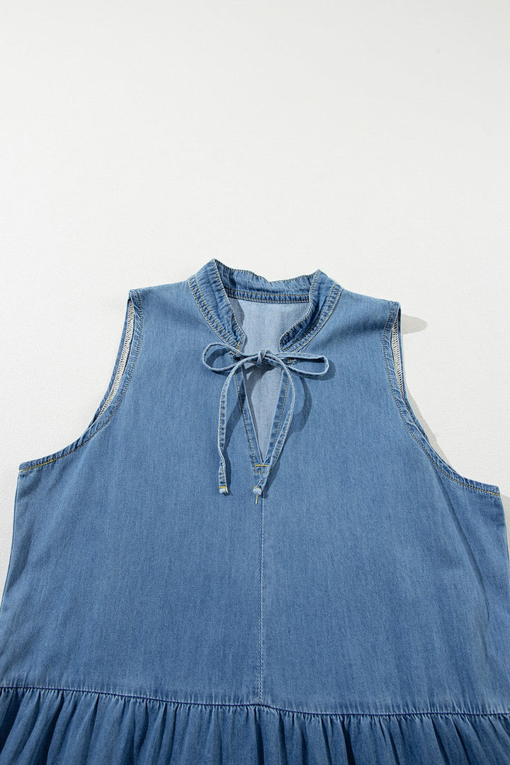 Tie Neck Tiered Maxi Denim Dress