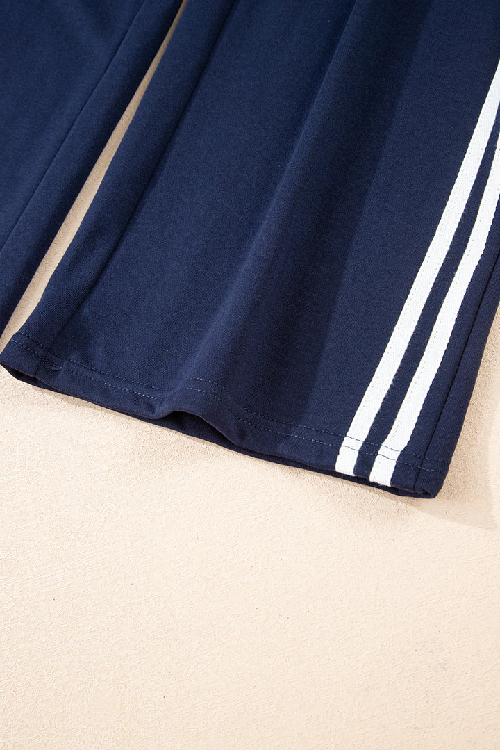 Dirty blue Varsity Striped Detail Crewneck Pullover Elastic Sweatpants 2pcs Outfit