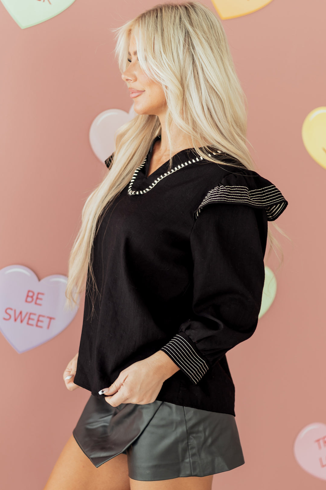 Black Contrast Stitched Detail V Neck Ruffle Long Sleeve Blouse