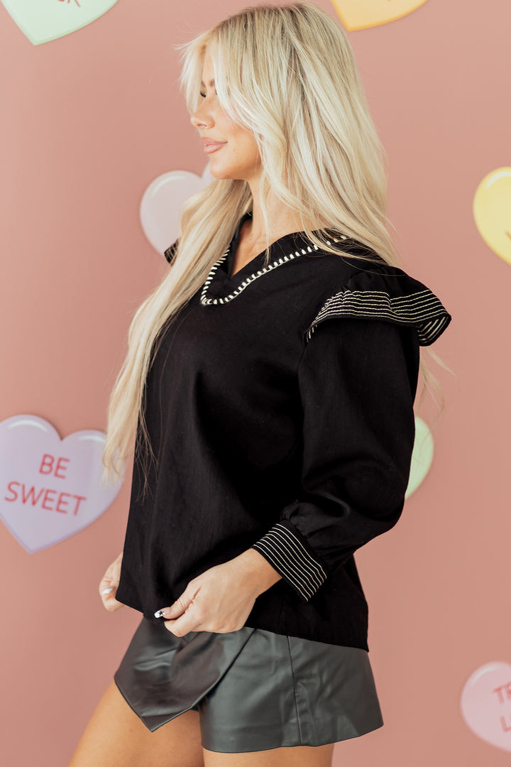 Black Contrast Stitched Detail V Neck Ruffle Long Sleeve Blouse