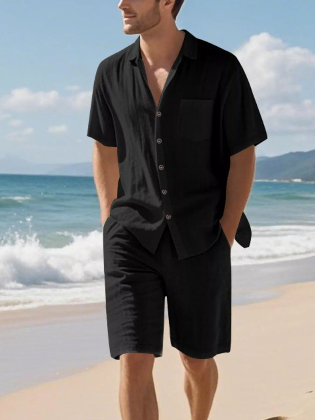 Men's Full Size Casual Button Up Shirt and Shorts Set Plus Size