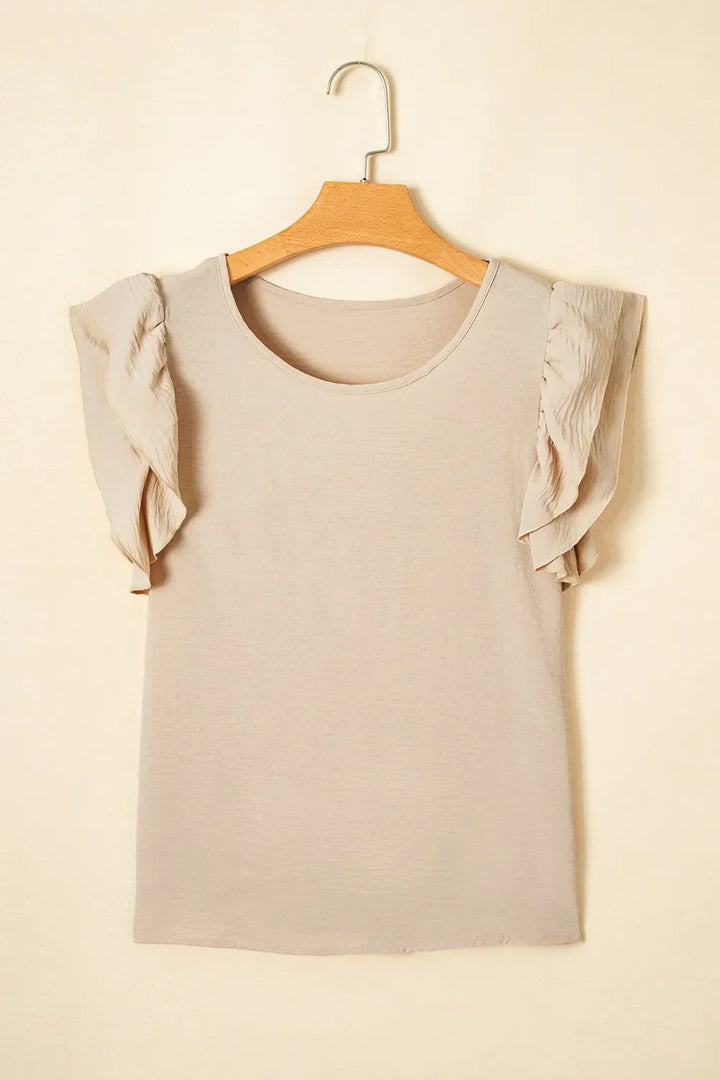 Solid Color Ruffled Short Sleeve Casual Blouse