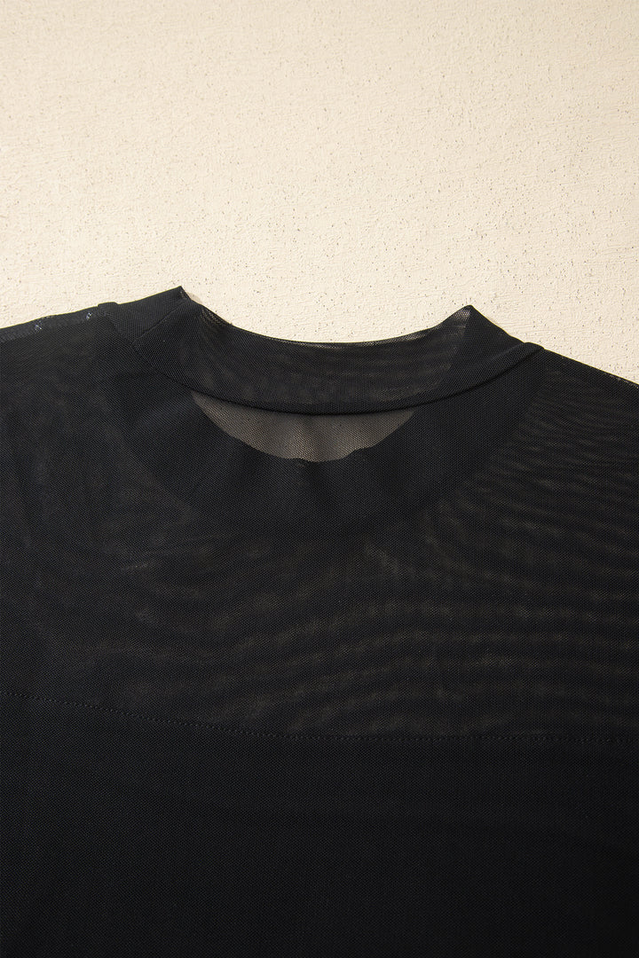 Black Plus Size Sheer Mesh Panel Short Sleeve Top