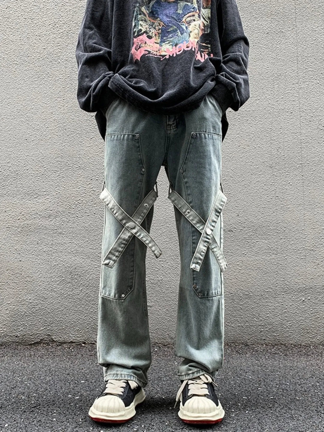Men's Full Size Cross Strap Embellished Jeans Plus Size