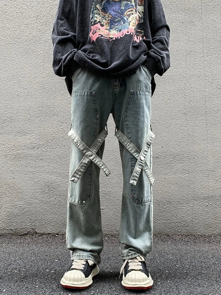 Men's Full Size Cross Strap Embellished Jeans Plus Size