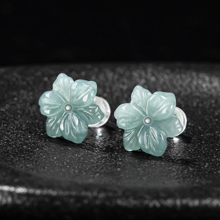 New Elegant Natural Jadeite Blue Water Orchid Earrings
