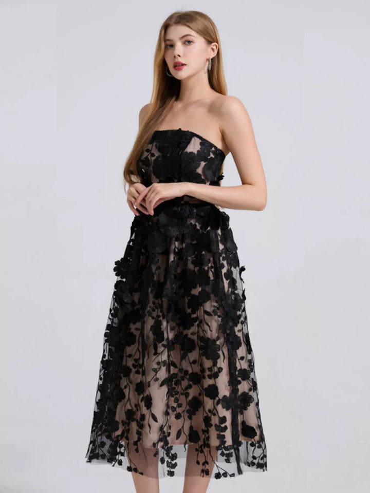 Floral Applique Strapless Midi Dress