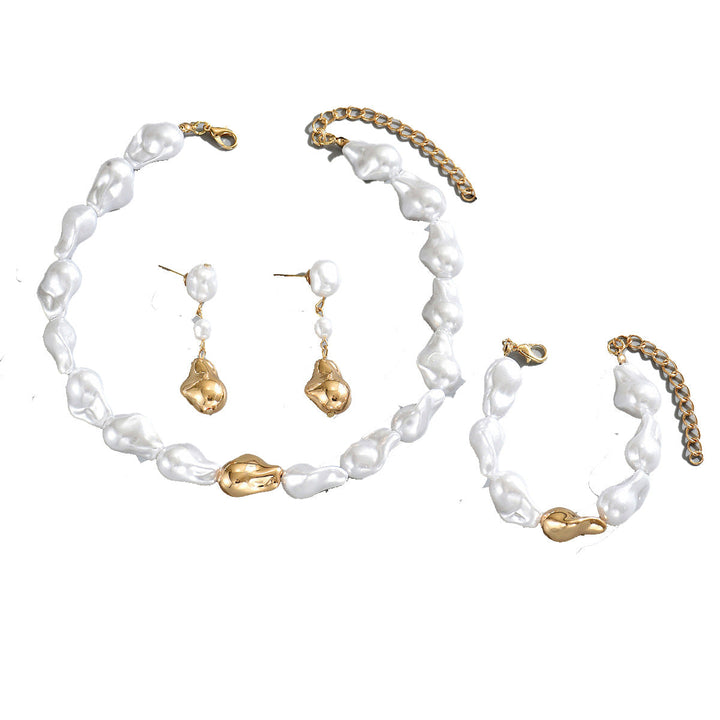 Cross-border European American Vintage Jewelry Set, Baroque Faux Pearl Necklace & Bracelet Matching Premium Versatile Earrings, Daily Women Fashion Ornaments