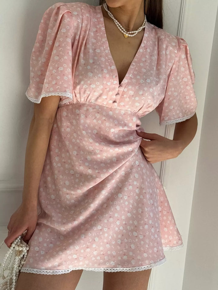 V-Neck Puff Sleeve Mini Dress with Lace Trim