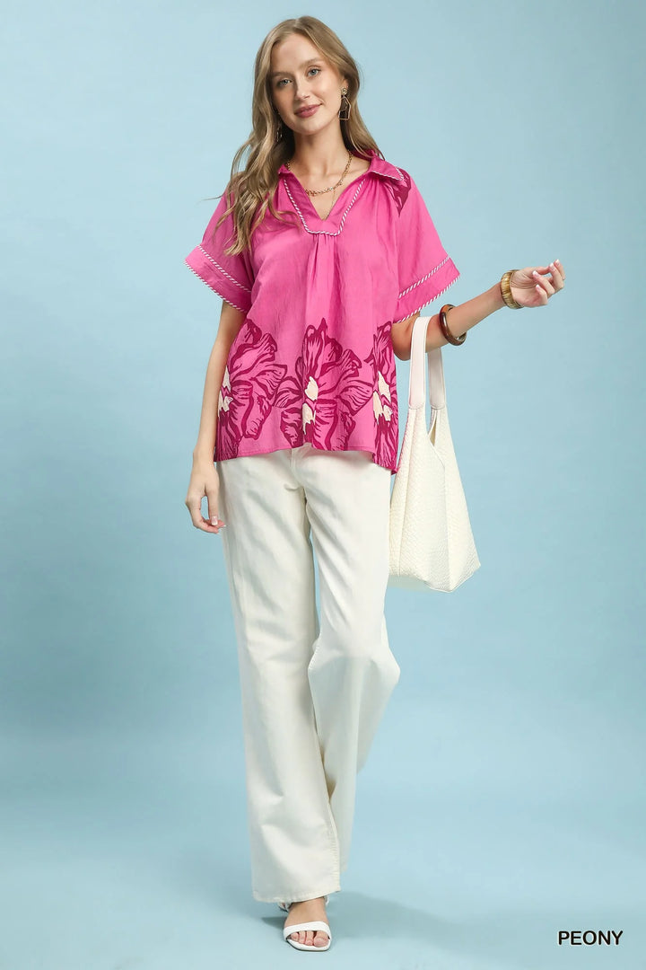 Umgee Floral Split-Neck Short Sleeve Top