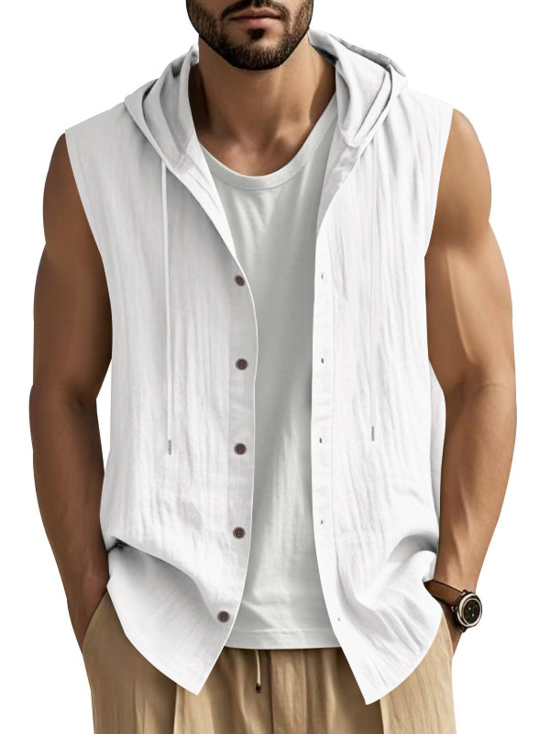 Men's Full Size Casual Sleeveless Hooded Button-Down Top Plus Size