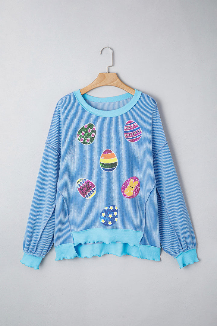 Myosotis Sequin Easter Eggs Twisted Rib Exposed Seam Color Block Top