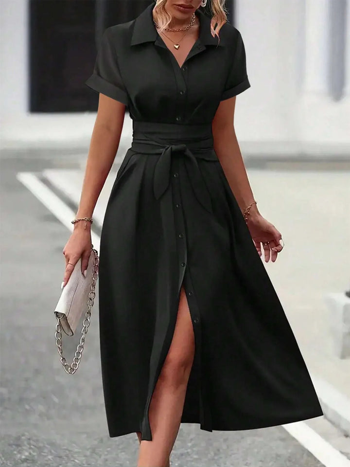 Button Down Belted Midi Shirt Dress