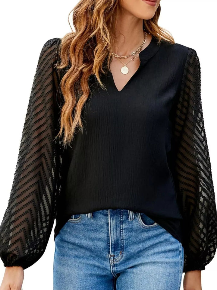 Notched Balloon Sleeve Blouse