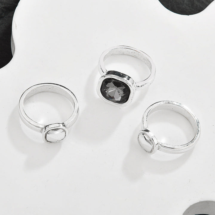 Hollow Geometric Black Crystal Jewelry Set For Women, Adjustable Bracelet Ring Earrings 3Pcs Matching Set, Minimal Cool Fashion Jewelry