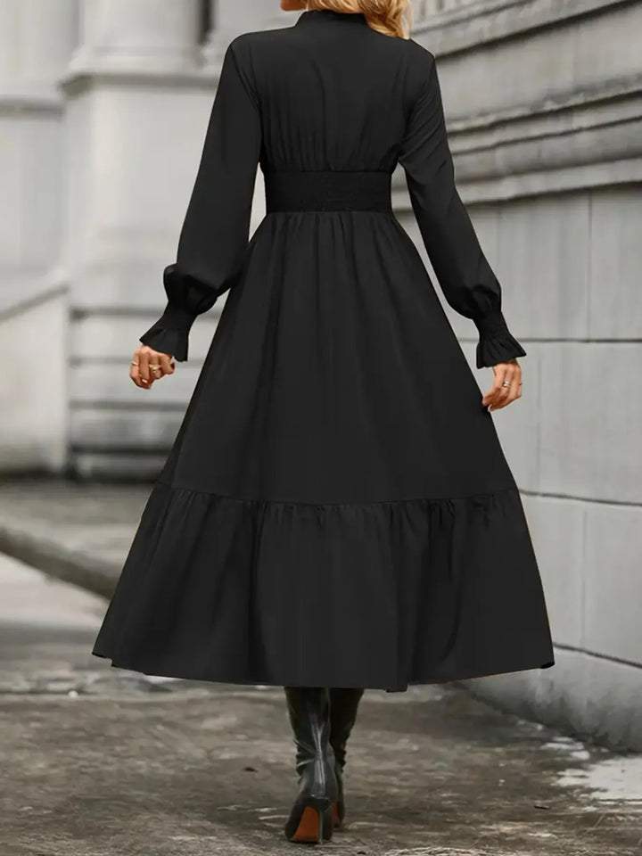 Notched Long Sleeve Tiered Dress