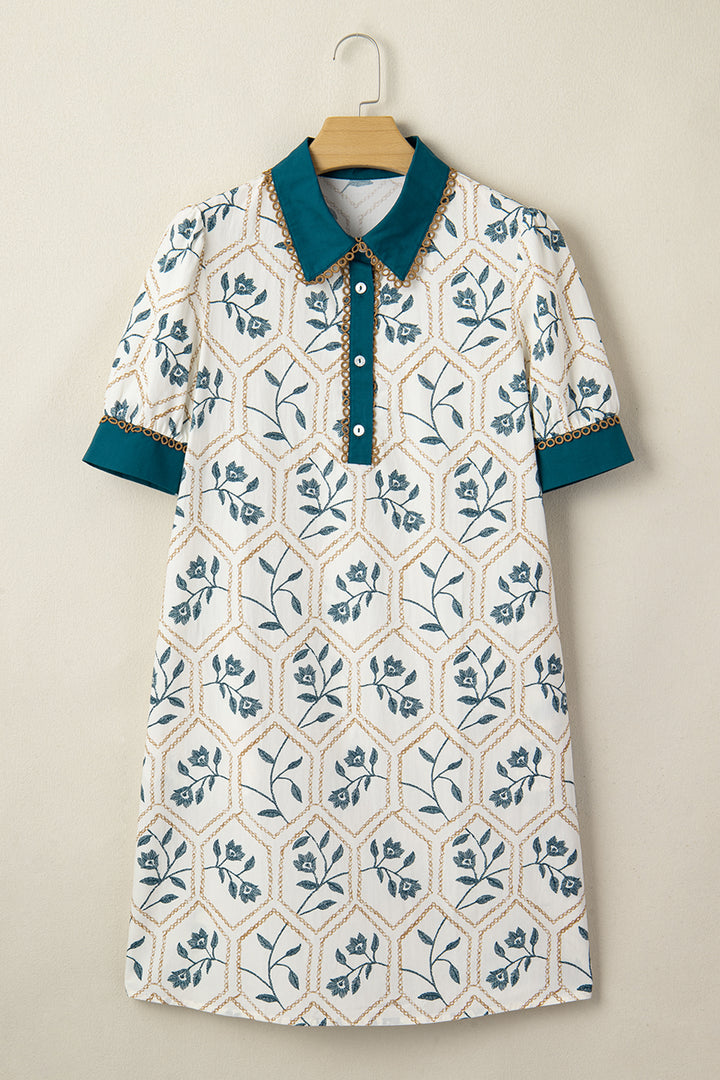 Blue Geometric Floral Print Lace Trim Collared Short Sleeve Mini Dress