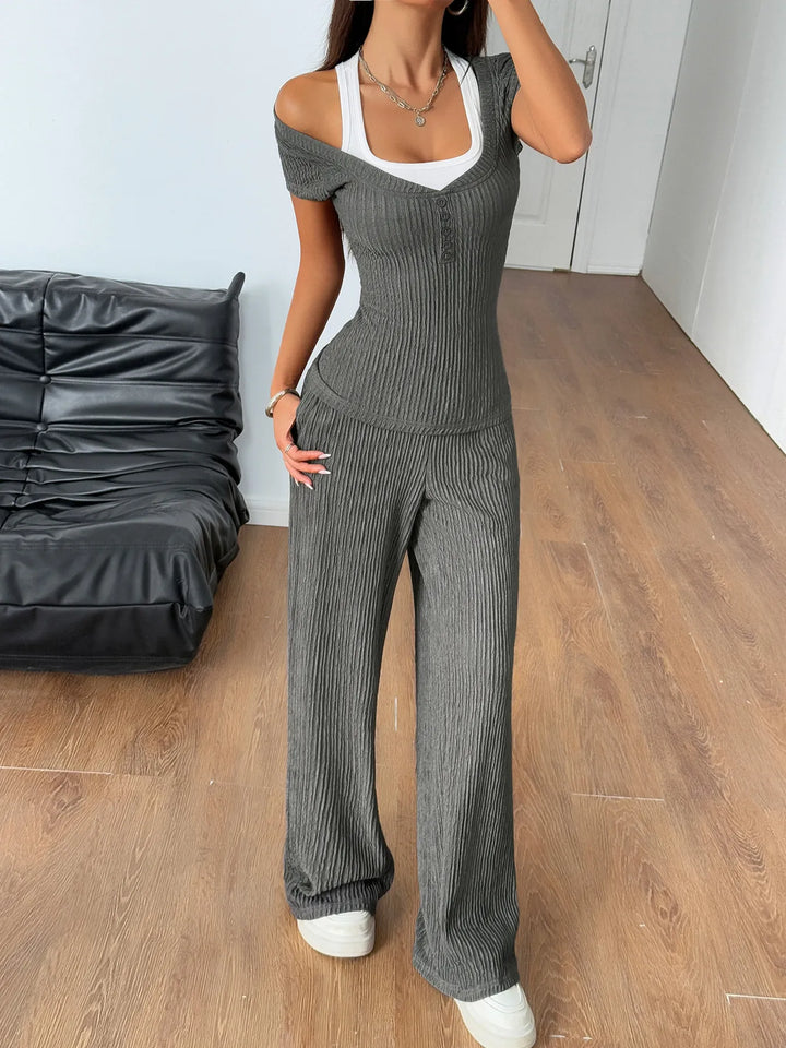 Textured Short Sleeve Top and Pants Set