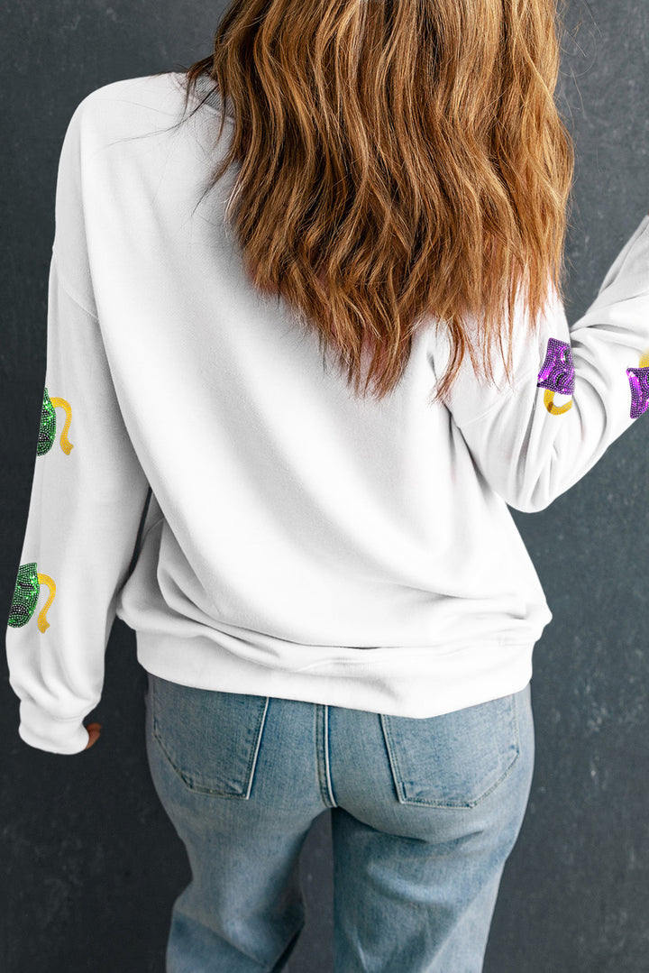 White Sequined Mardi Gras Mask Pattern Drop Shoulder Sweatshirt