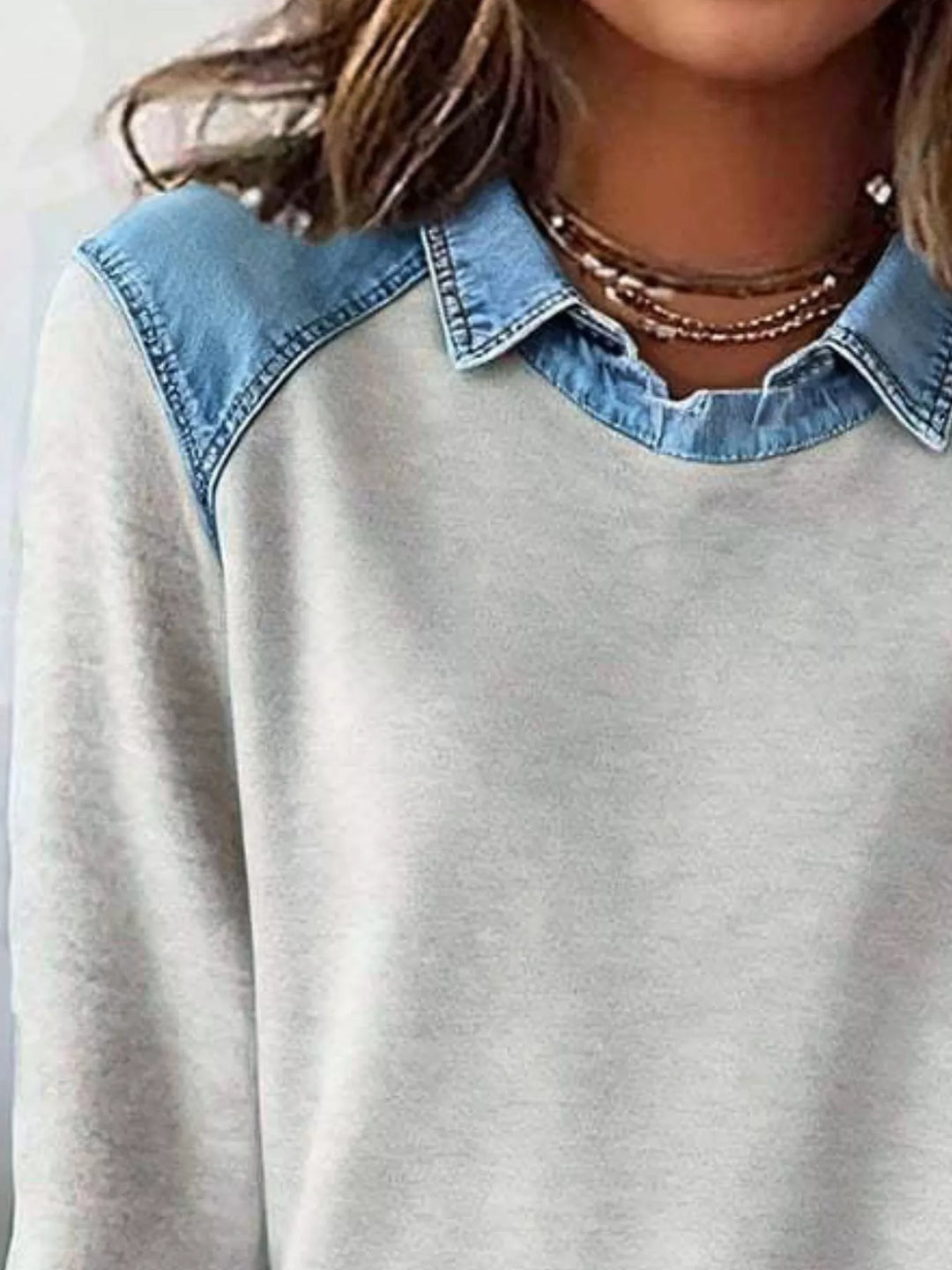 Full Size Denim Trim Long Sleeve Top Plus Size