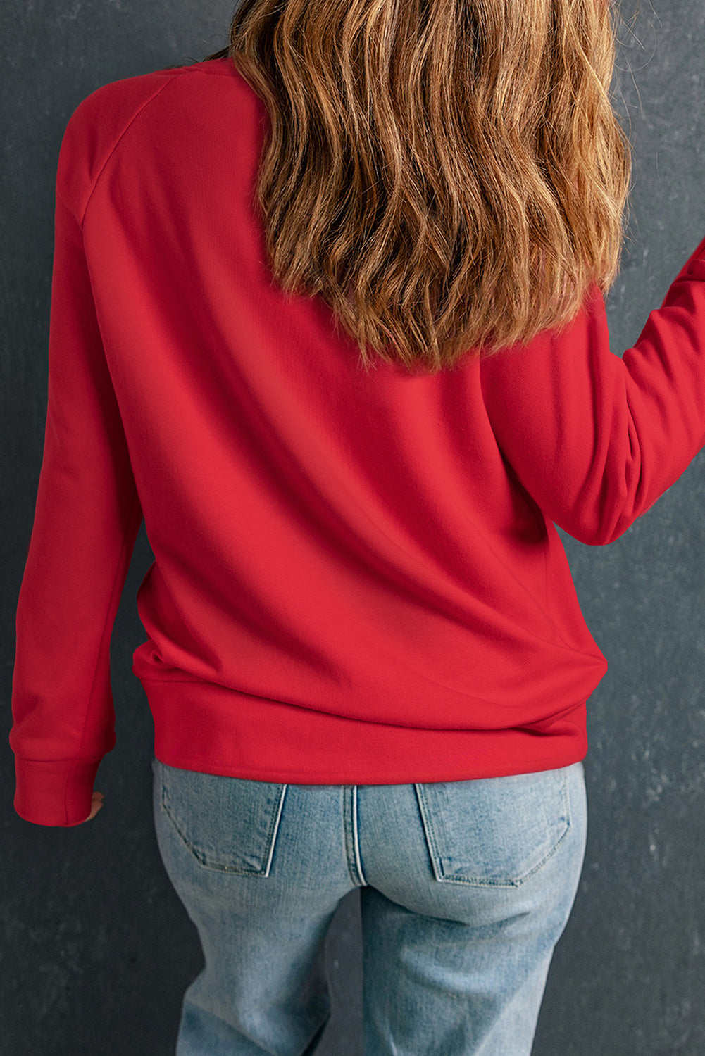 Sweat-shirt rouge uni à col rond et manches raglan