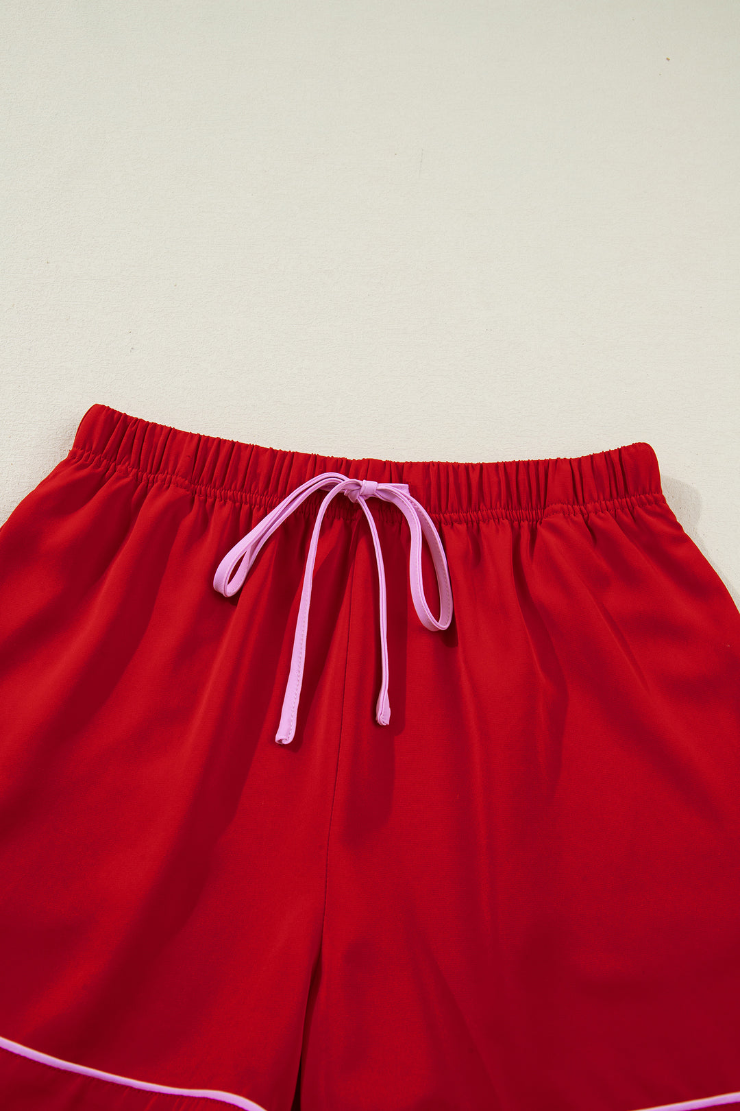 Fiery Red Contrast Trim Ribbon Bow Short Silky 2pcs Pajama Set