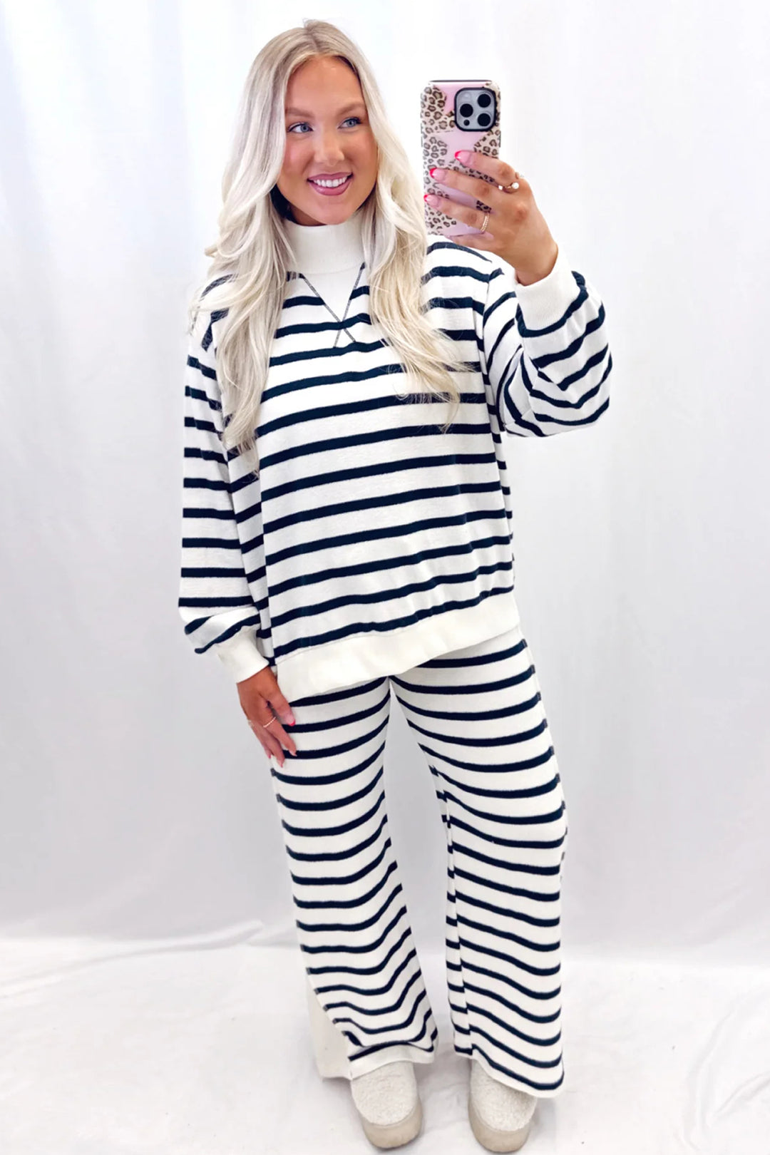 Blue Stripe Striped Ribbed Cuff Collar Pocket Loose Pant Set