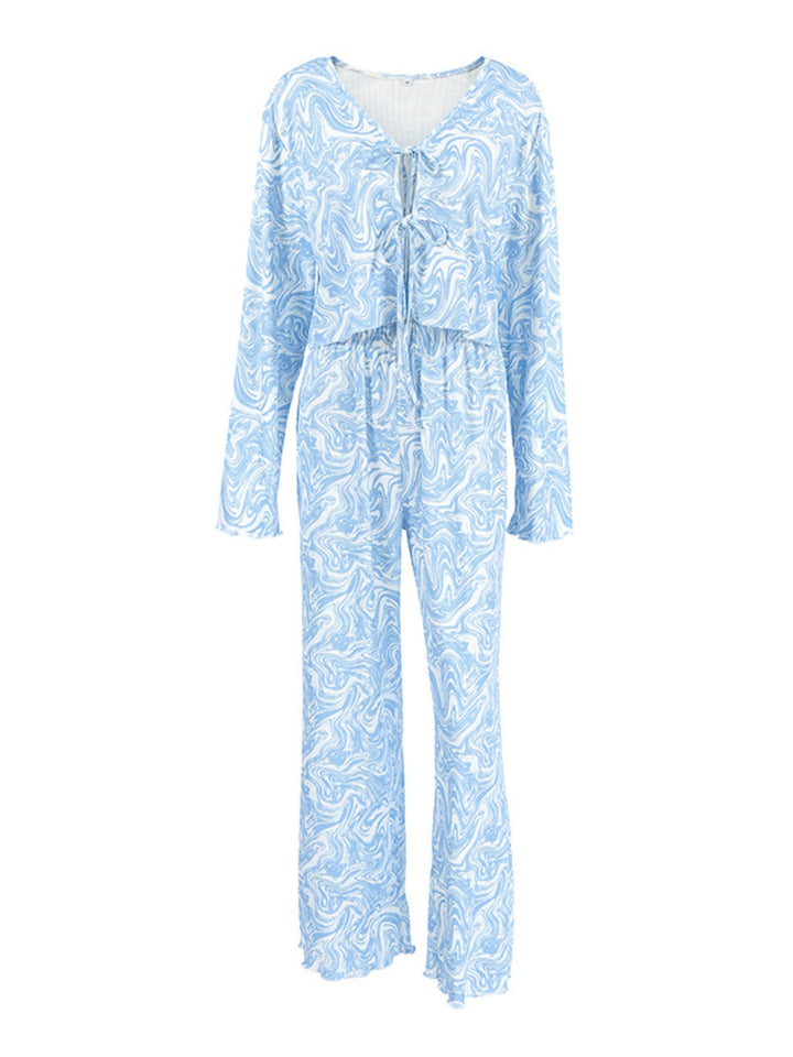 Tie Front Long Sleeve Top and Pants Lounge Set
