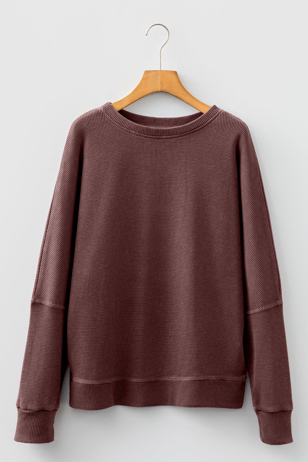 Dark Brown Waffle Knit Patchwork Long Sleeve Loose Top