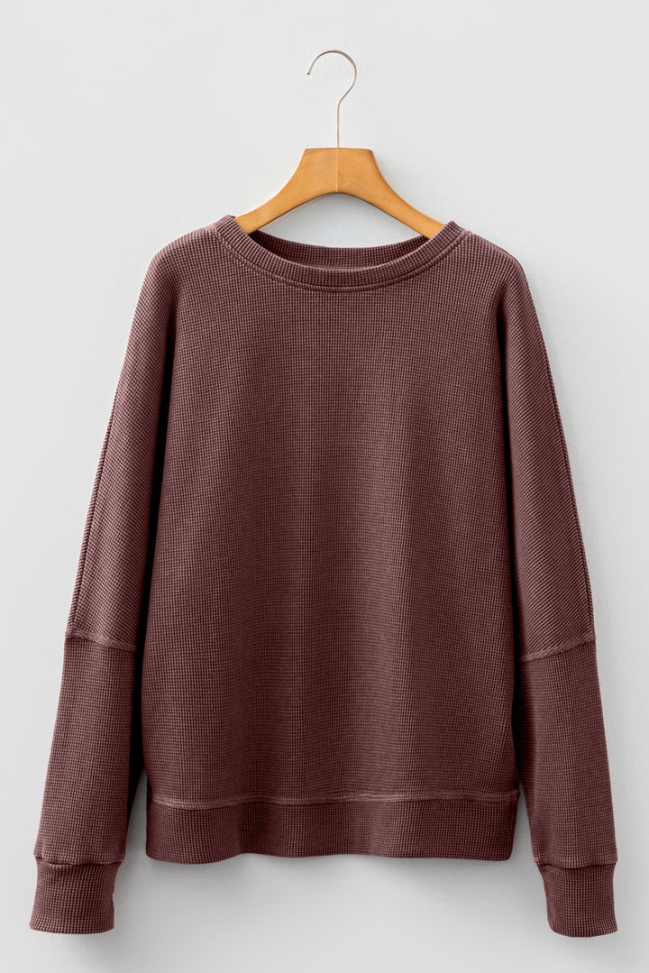 Dark Brown Waffle Knit Patchwork Long Sleeve Loose Top