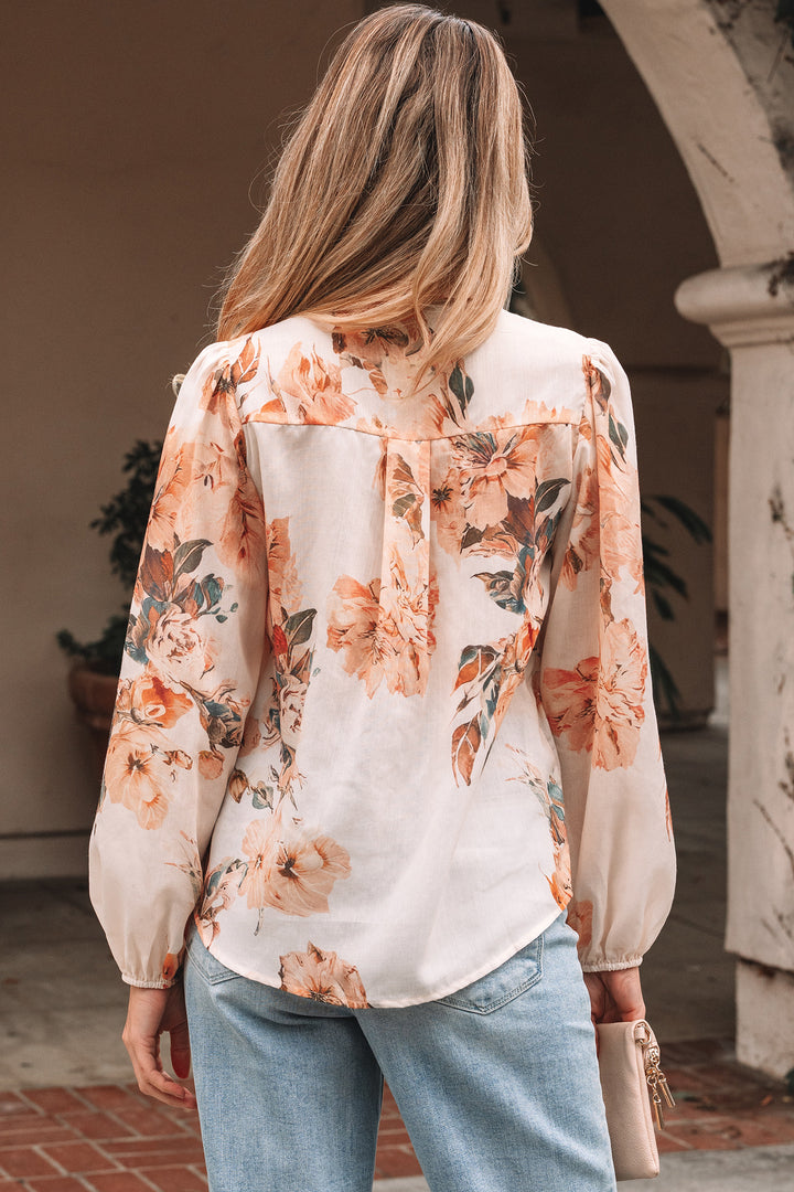 Orange Floral Puff Sleeve Lightweight Shirt