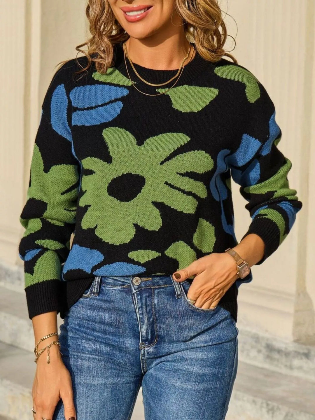 Floral Crew Neck Long Sleeve Sweater