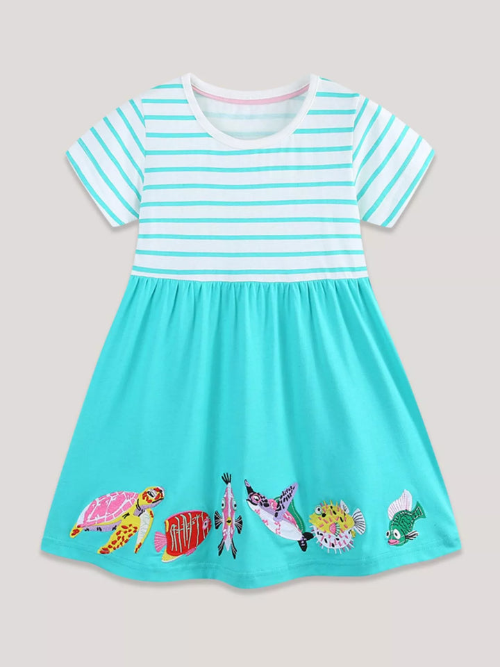 Children's Striped Turtle and Fish Embroidered Dress