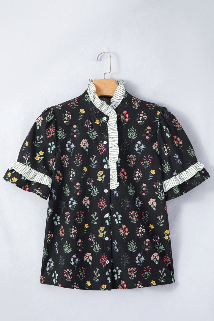 Contrast Frilled Trim Short Sleeve Floral Shirt